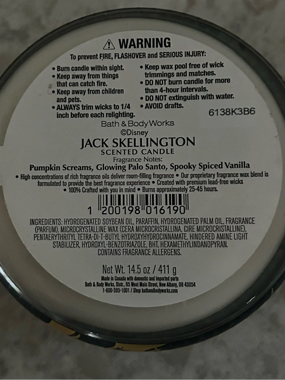 “New”Bath & Body Works Jack Skellington 3-Wick Candle-Pumpkin & Vanilla